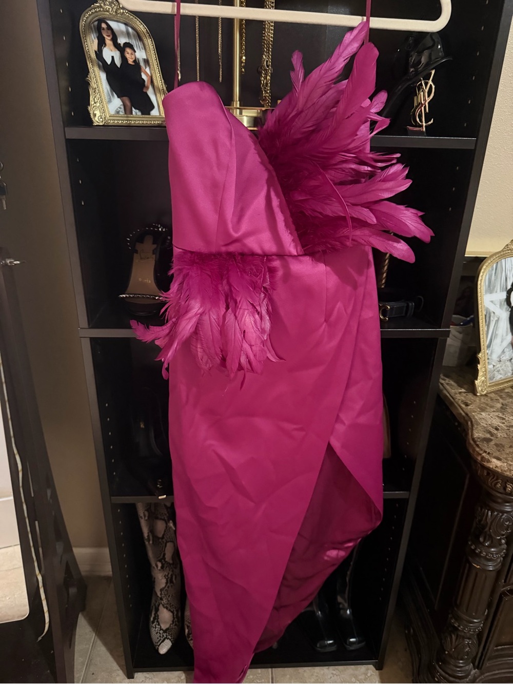 Fashion Nova Magenta High-Low Feathered Dress